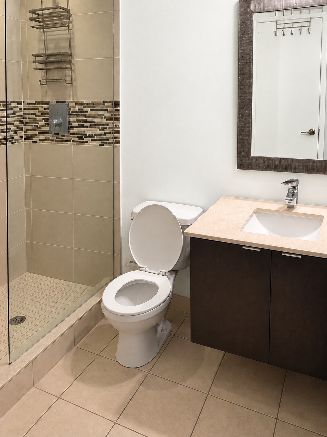 Primary ensuite. Planned paint preview · AI visualization. Your own vanity and glass-enclosed shower.