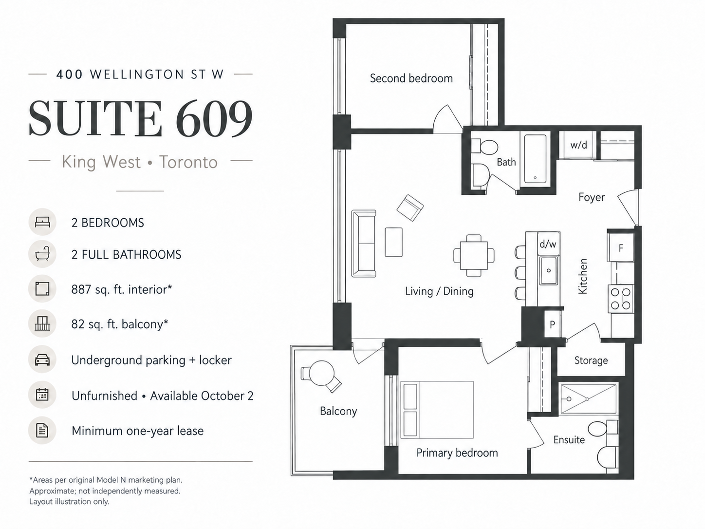 Suite 609 as-built floor plan showing two bedrooms, two bathrooms, kitchen, living area and balcony