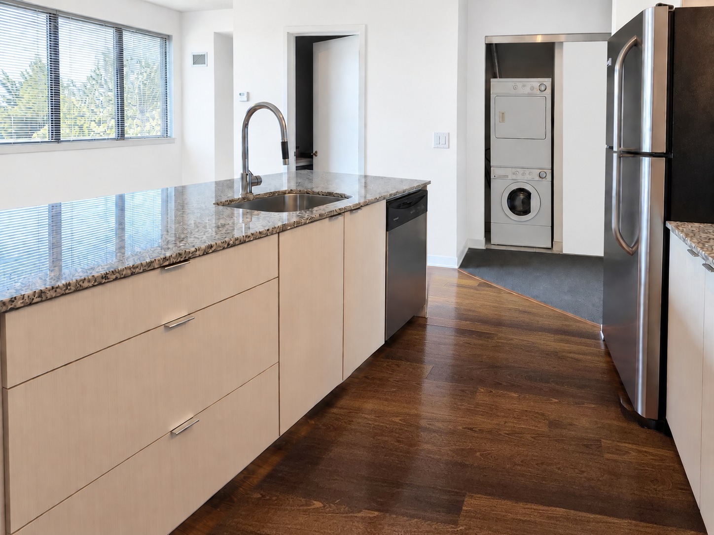 Kitchen peninsula & dishwasher. Planned paint preview · AI visualization. Breakfast-bar seating, preparation space, sink and dishwasher.