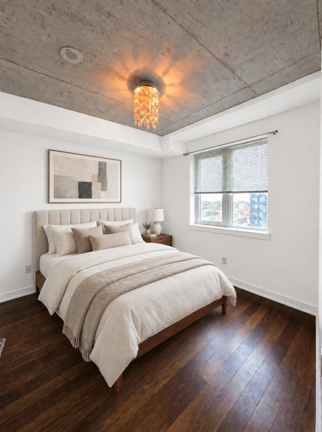 Primary bedroom. Staged using AI · Planned paint preview. A restful retreat with the convenience of a private ensuite.