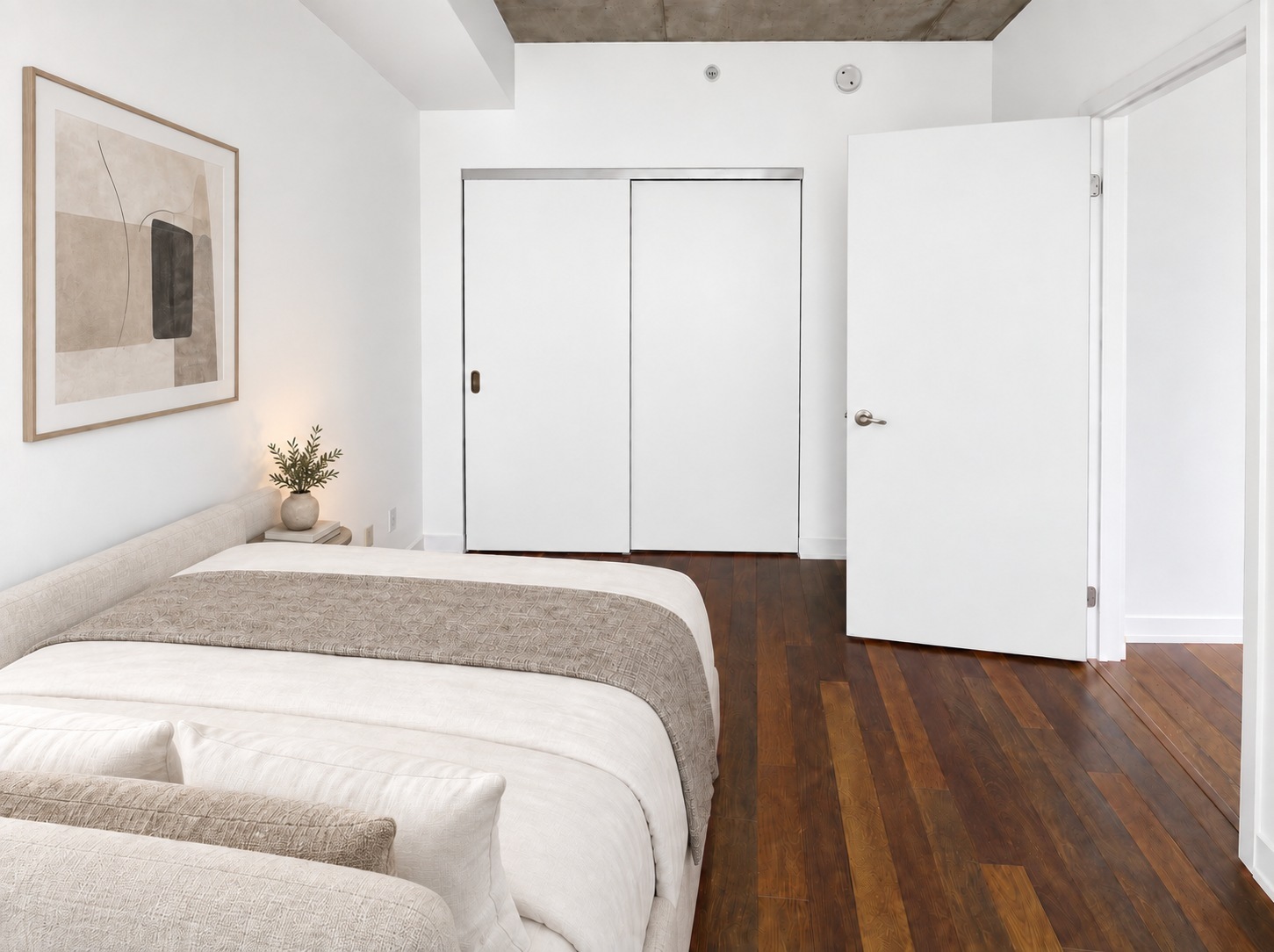 Second bedroom. Staged using AI · Planned paint preview. Styled with a double bed, with a full-wall closet for everyday storage.